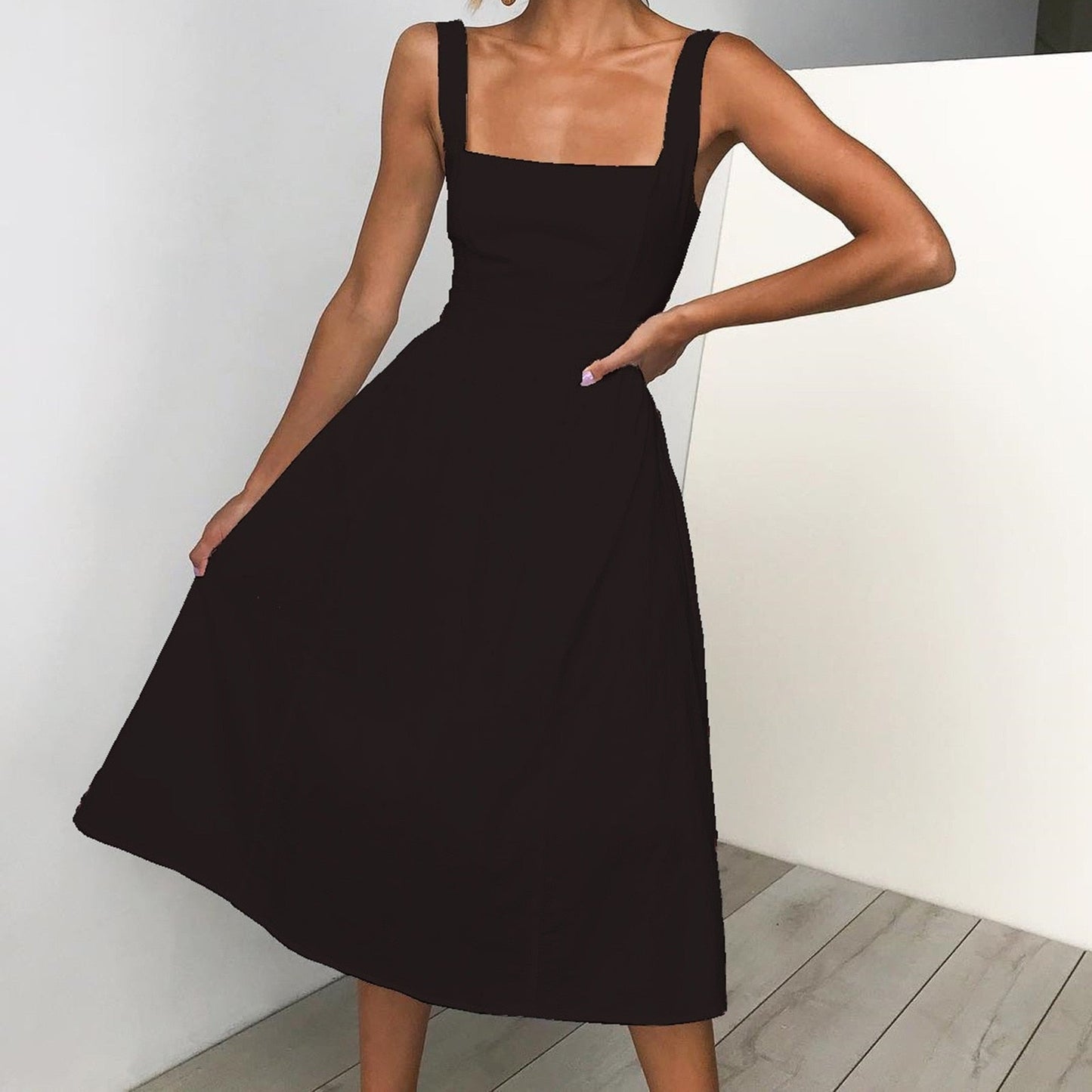 Spaghetti Strap Solid Color Sling Midi Dress