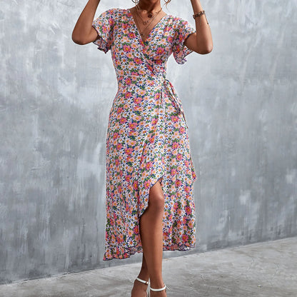 Summer V Neck Ruffle Short Sleeve Split Wrap Maxi Tie Waist Casual Flowy Long Party Smocked For Women Dress