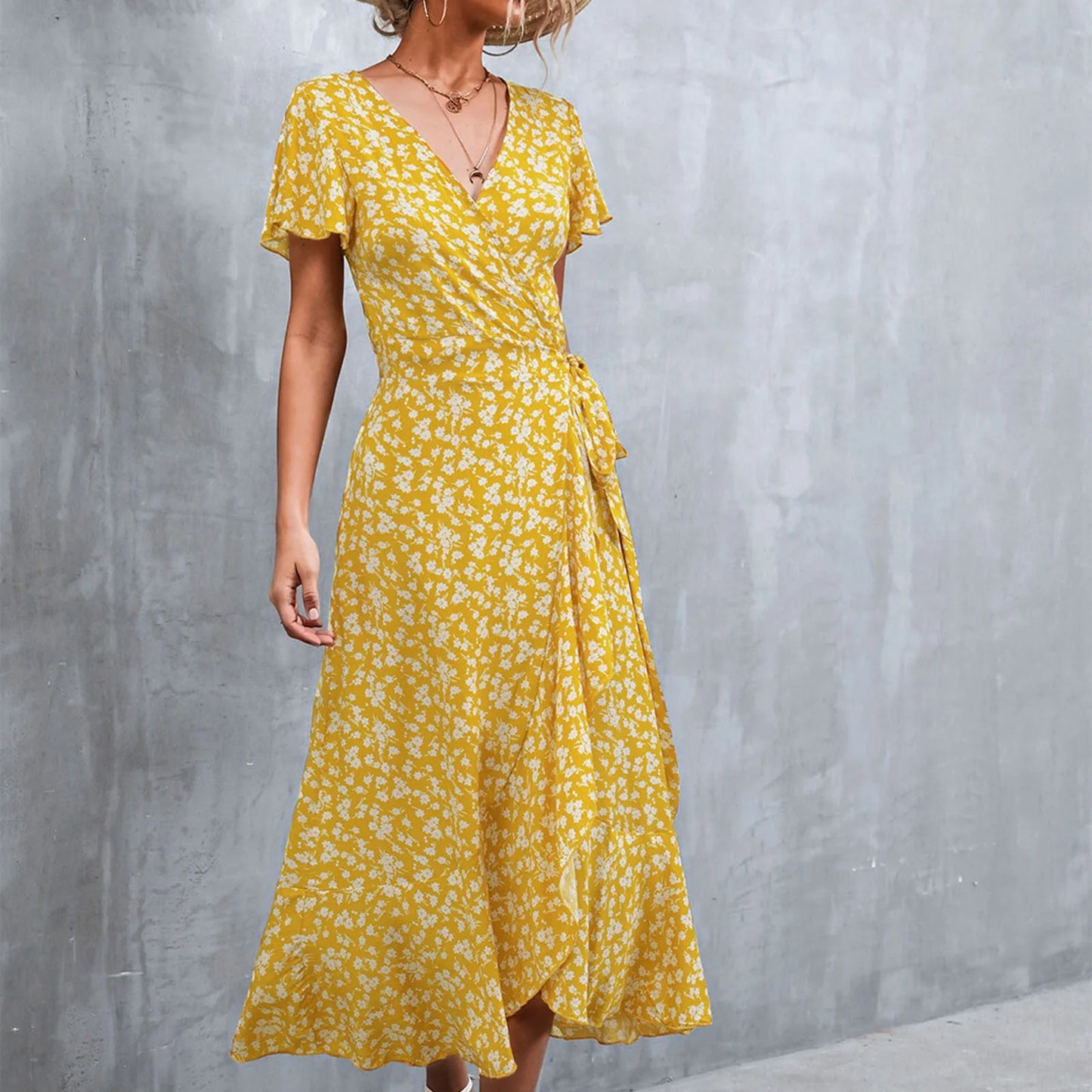 Chic Summer V Neck Short Sleeve Split Wrap Floral Maxi Waist Tie Casual Flowy Long Boho Beach Femme Robe Dress