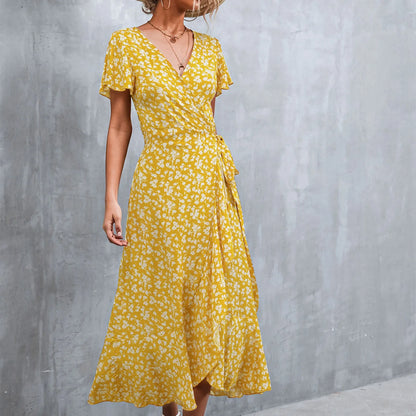 Chic Summer V Neck Short Sleeve Split Wrap Floral Maxi Waist Tie Casual Flowy Long Boho Beach Femme Robe Dress