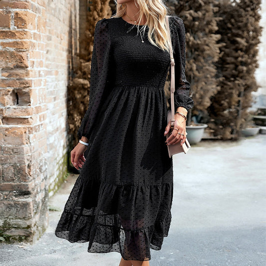 Elegant Jacquard Ruffle Trim Midi Dress