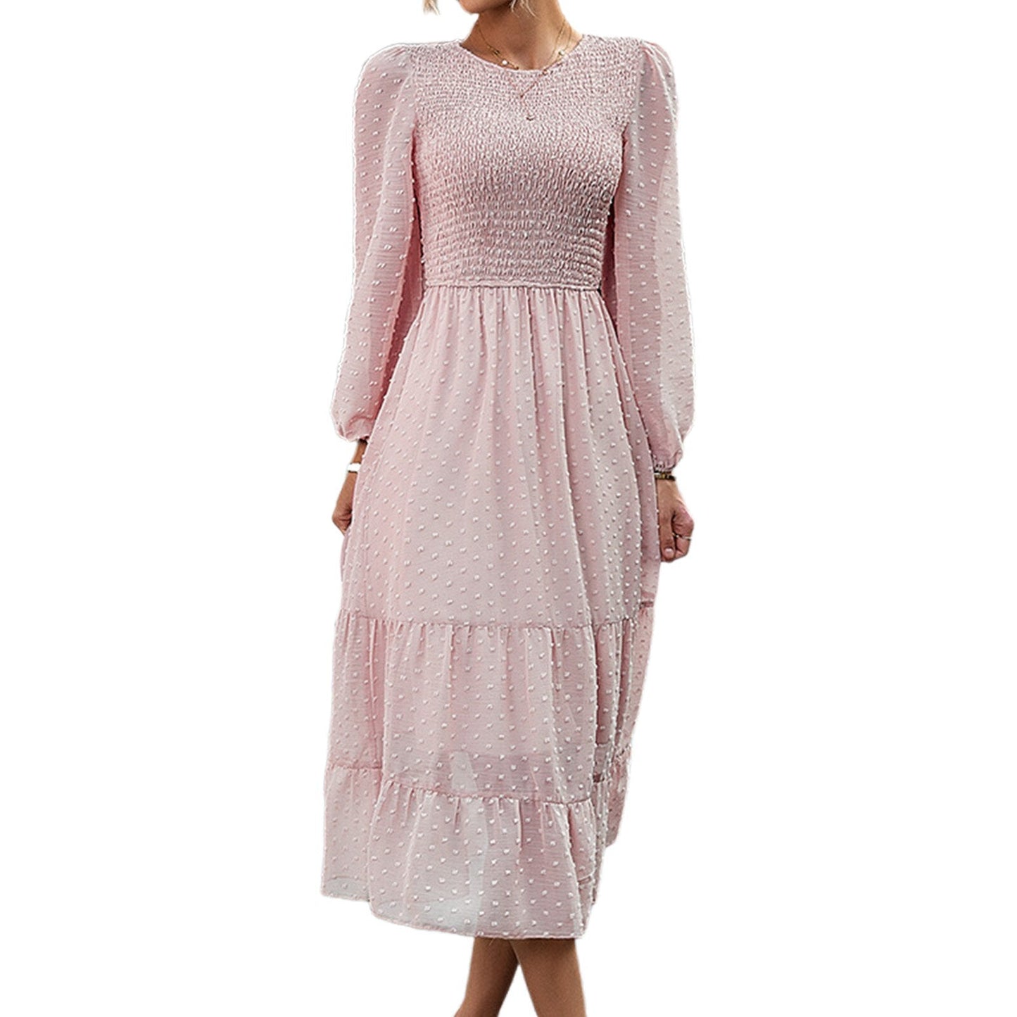 Elegant Jacquard Ruffle Trim Midi Dress