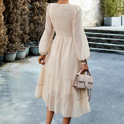 Elegant Jacquard Ruffle Trim Midi Dress