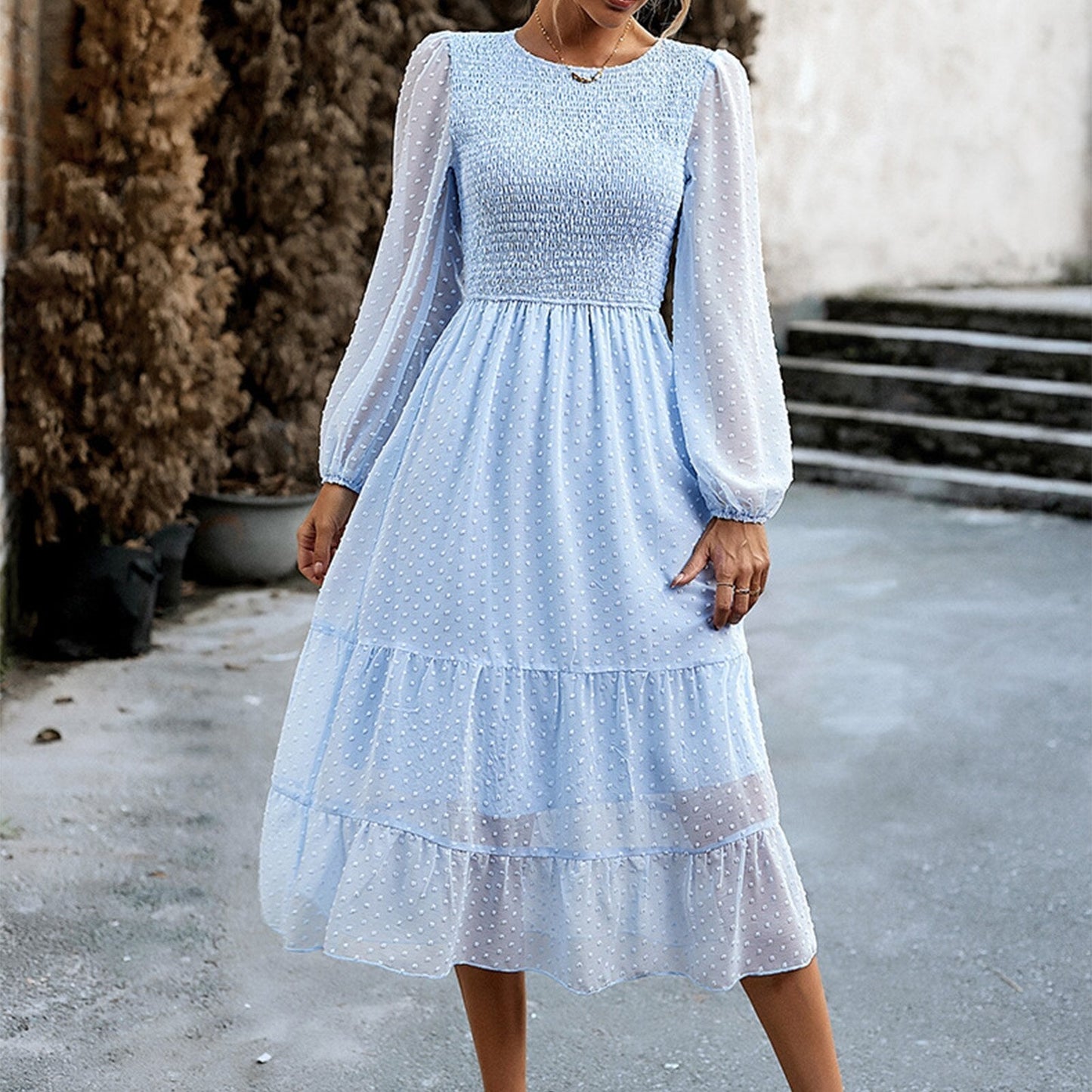 Elegant Jacquard Ruffle Trim Midi Dress