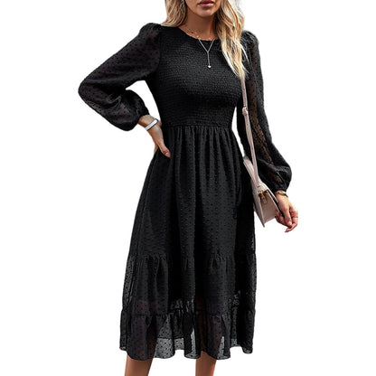 Elegant Jacquard Ruffle Trim Midi Dress