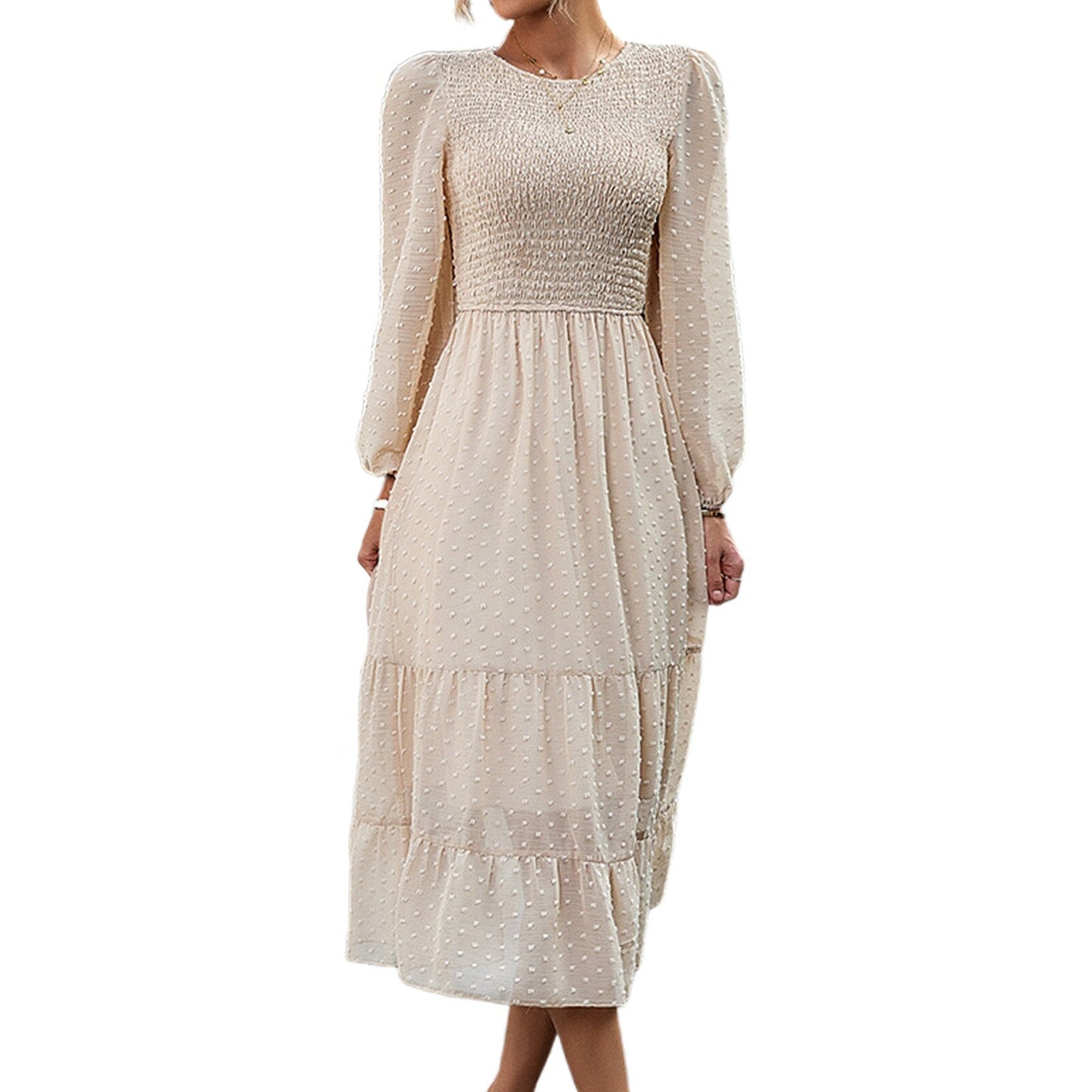 Elegant Jacquard Ruffle Trim Midi Dress