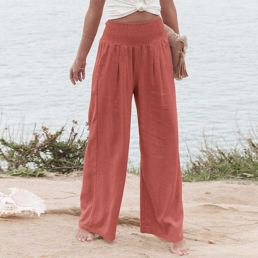 High Waist Pleated Cotton Linen Wide Leg Pants