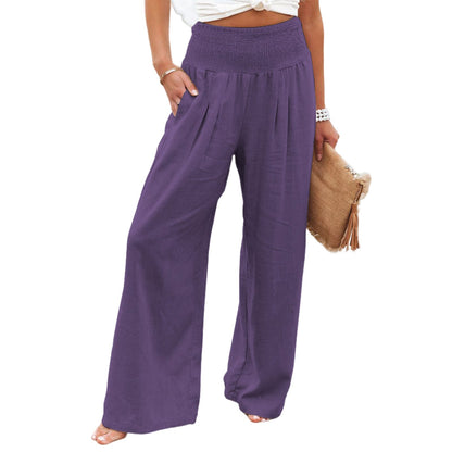 High Waist Pleated Cotton Linen Wide Leg Pants