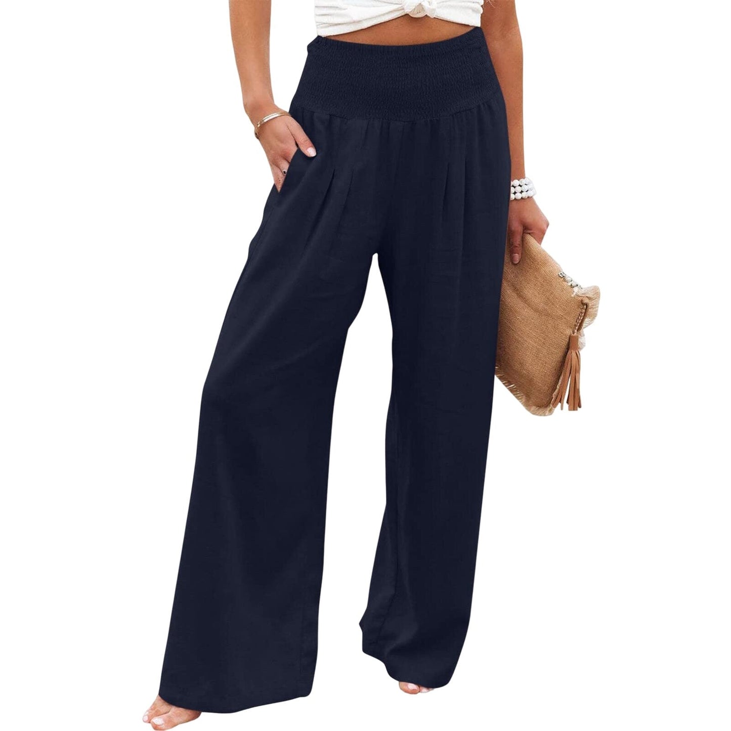 High Waist Pleated Cotton Linen Wide Leg Pants