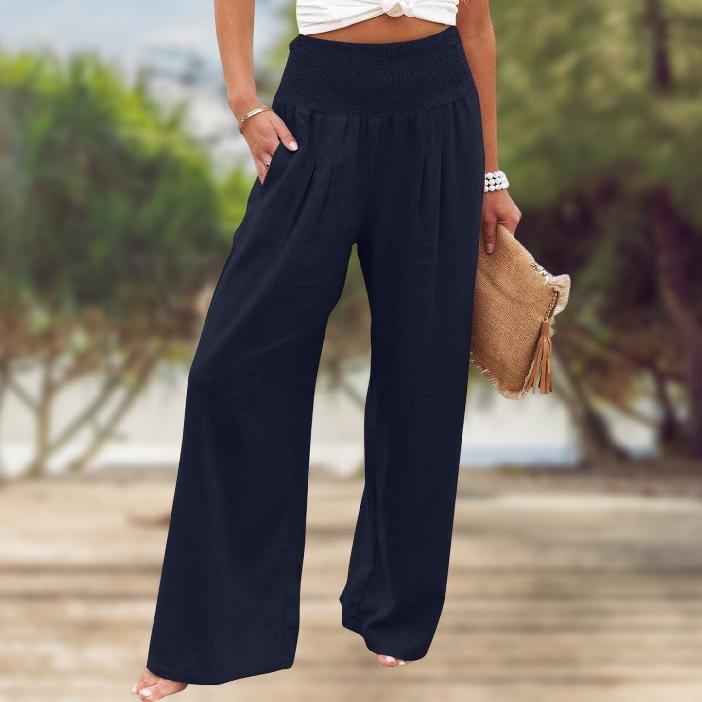 High Waist Pleated Cotton Linen Wide Leg Pants