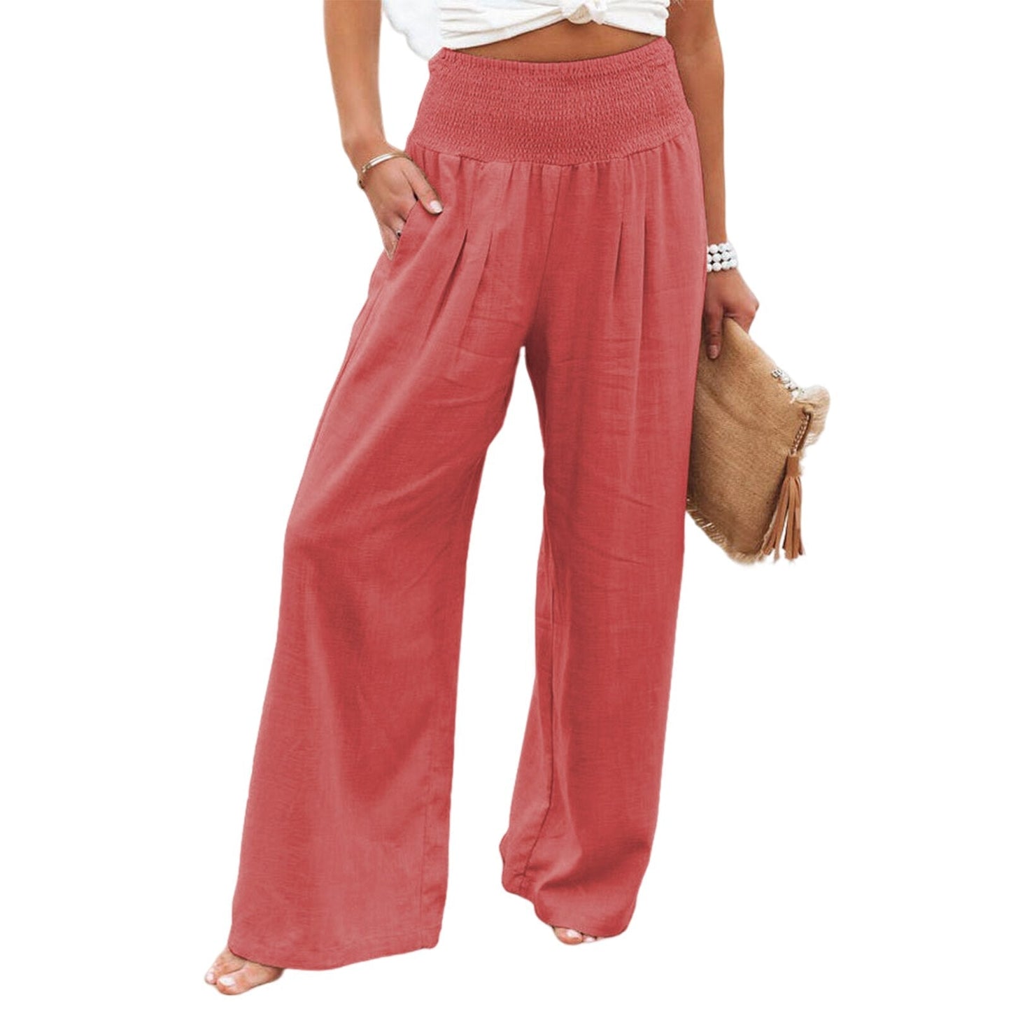 High Waist Pleated Cotton Linen Wide Leg Pants