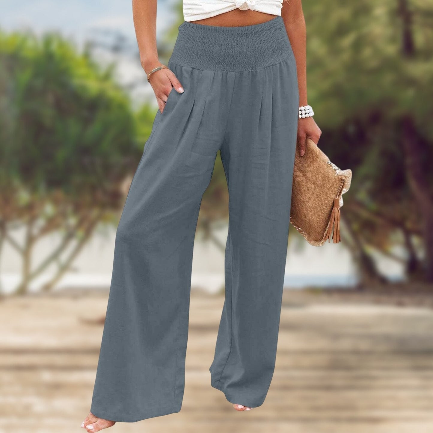 High Waist Pleated Cotton Linen Wide Leg Pants