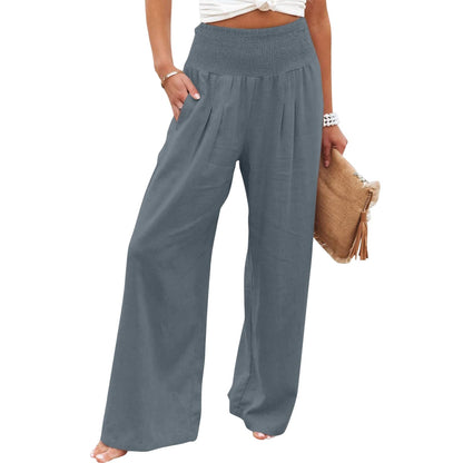 High Waist Pleated Cotton Linen Wide Leg Pants