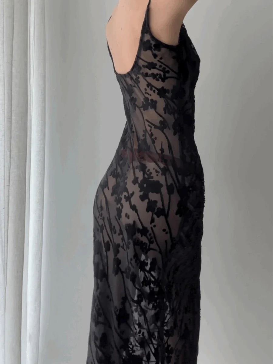 2024 Sexy Long Black See Through Lace Dress