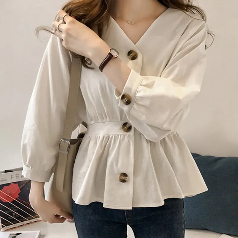 Ruffles Waist V-Neck Autumn Blouses