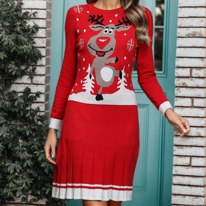 Christmas Cartoon Printed Knitted Midi Dress