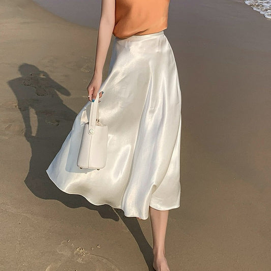 Elegant High Waist Silky Satin Skirt