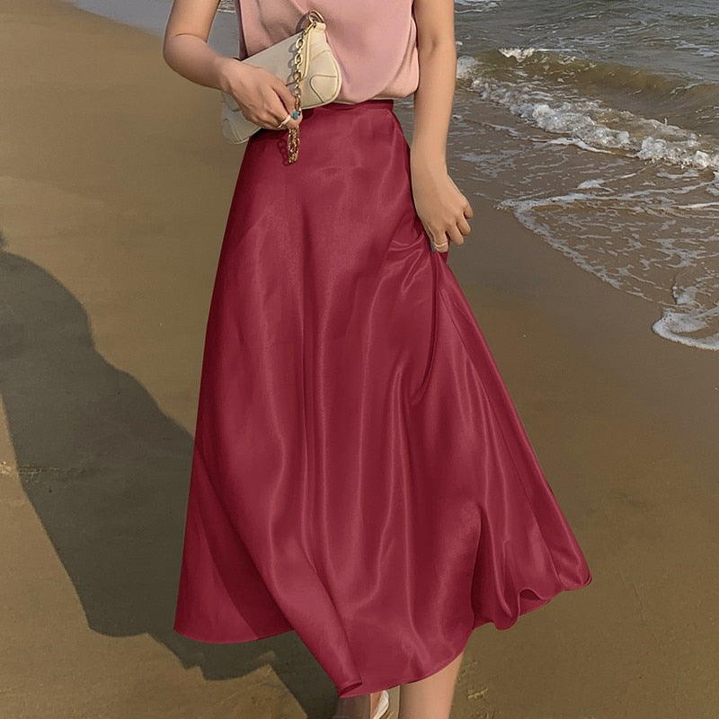 Elegant High Waist Silky Satin Skirt