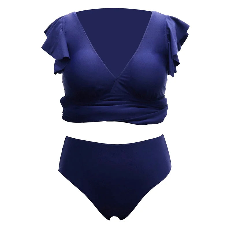 Solid Color Flying Sleeve V-Neck A-Line Plus Size Swimsuits