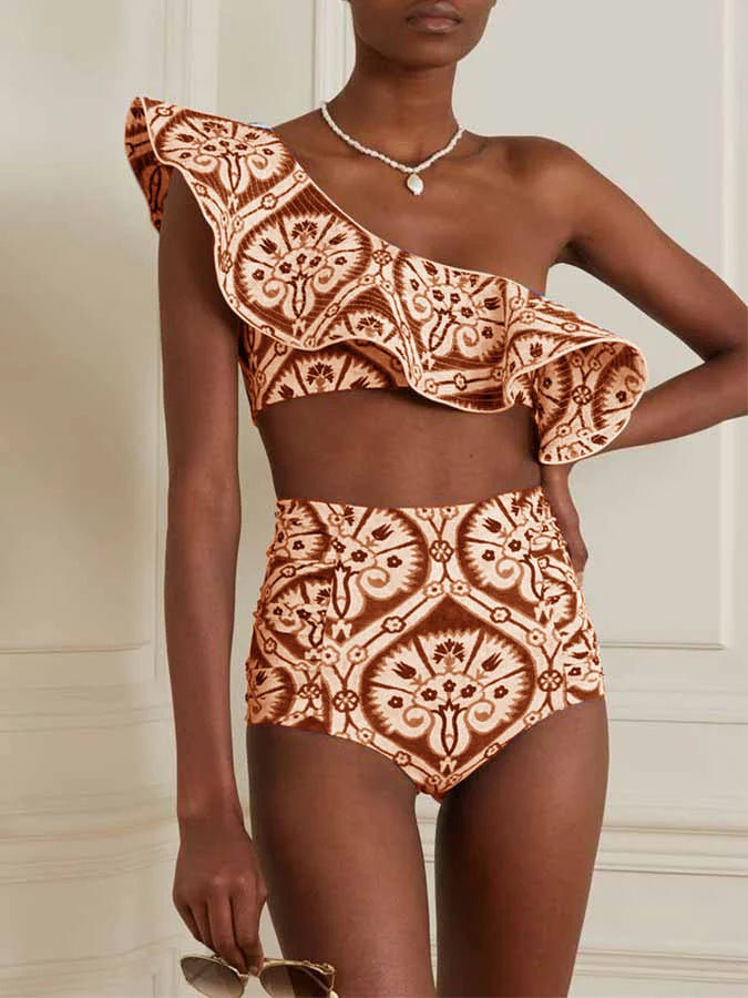 Fashion One Shoulder Printed Ruffle Basic Swimsuit