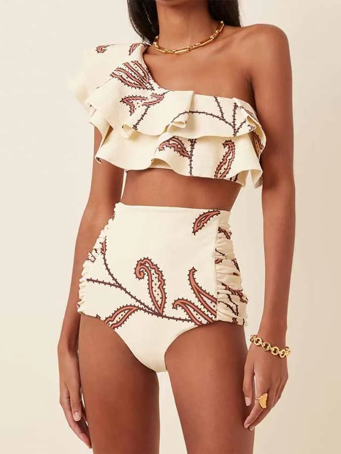 Fashion One Shoulder Printed Ruffle Basic Swimsuit