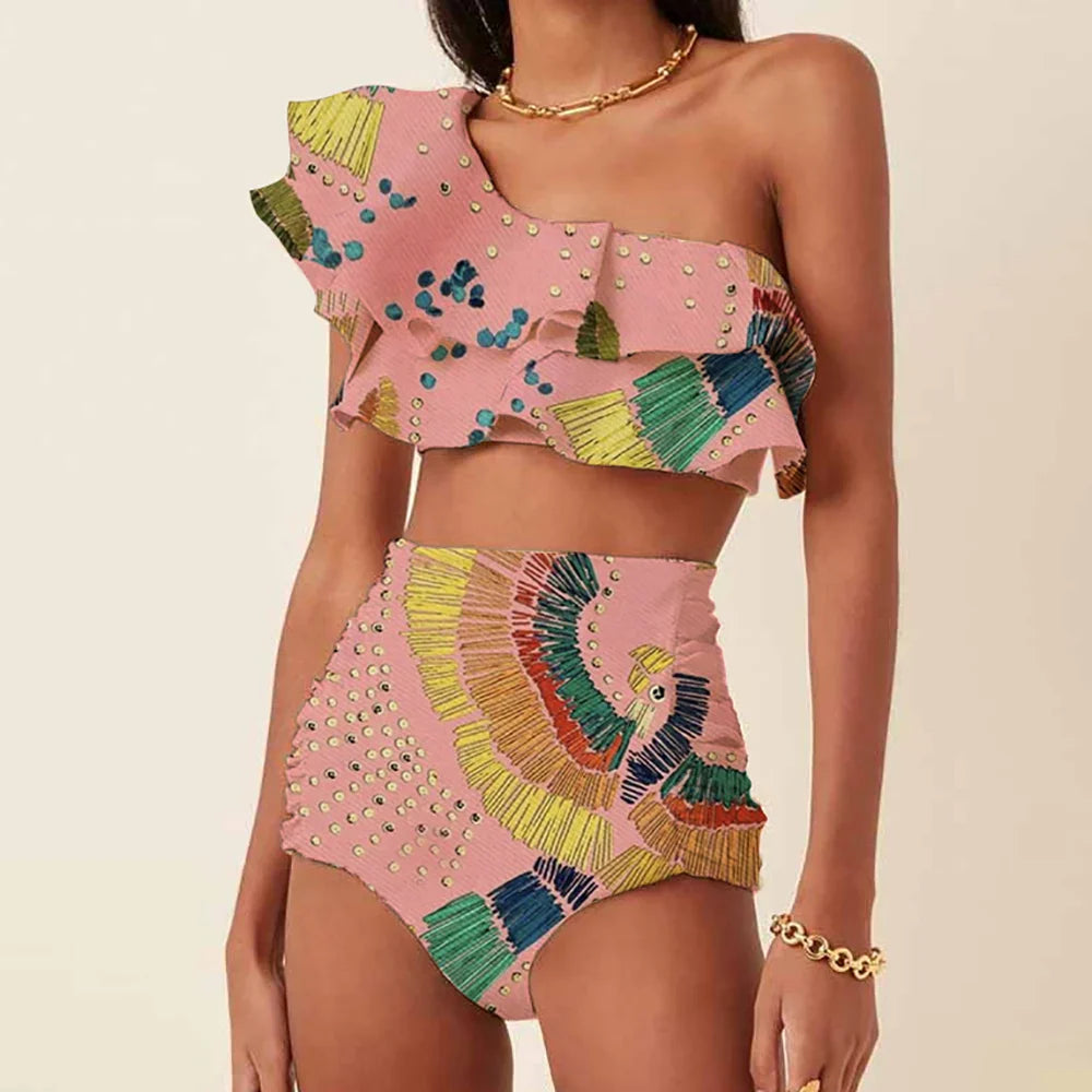 Fashion One Shoulder Printed Ruffle Basic Swimsuit