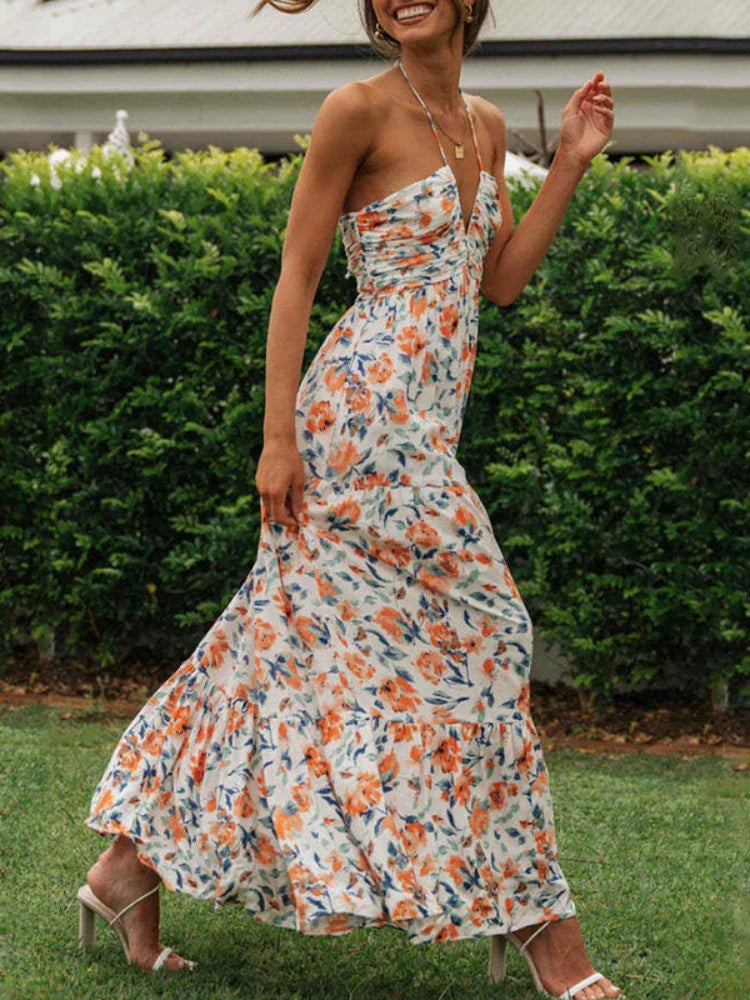 Women's Chiffon Halter V Neck Floral Flowy A Line Boho Backless Tiered Midi Dresses