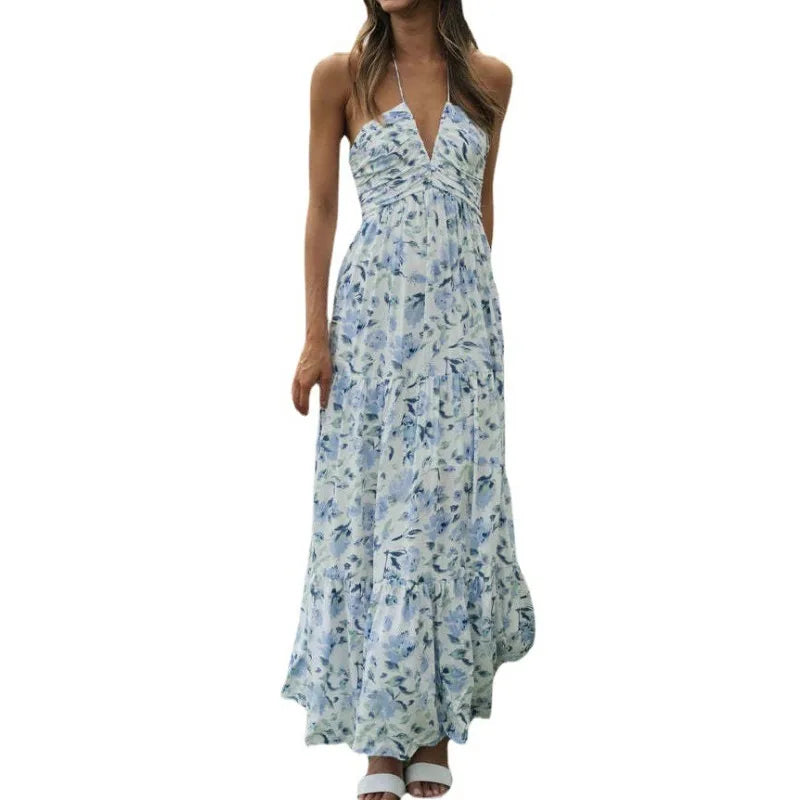 Women's Chiffon Halter V Neck Floral Flowy A Line Boho Backless Tiered Midi Dresses