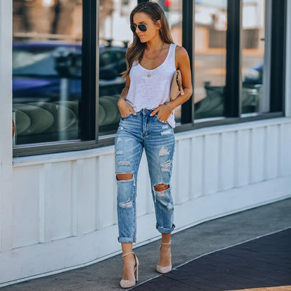 Women's Mid-Rise Jeans Ripped Street Denim Trousers