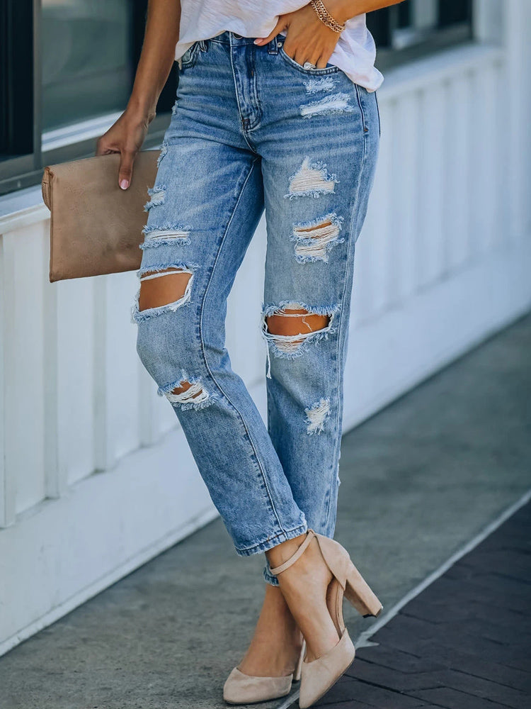 Women's Mid-Rise Jeans Ripped Street Denim Trousers
