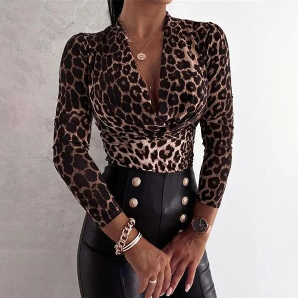 Sexy Leopard Print V-Neck Blouse
