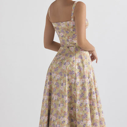 Vintage Floral Print A-line Midi Dress