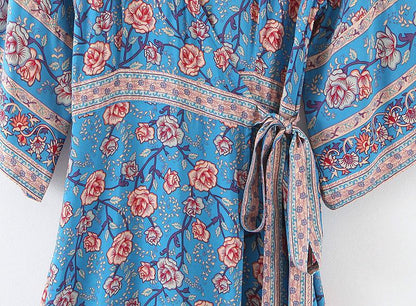 Blue Floral Three Quarter Sleeve Bohemian Dress