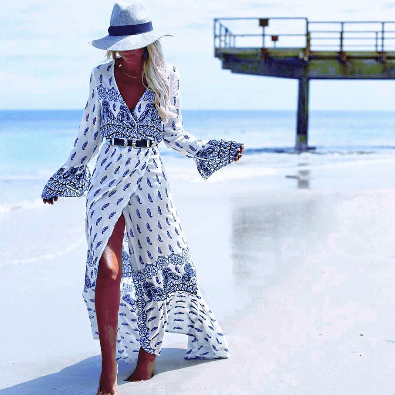 Blue White Tie V-Neck Long Sleeve Kimono Dress