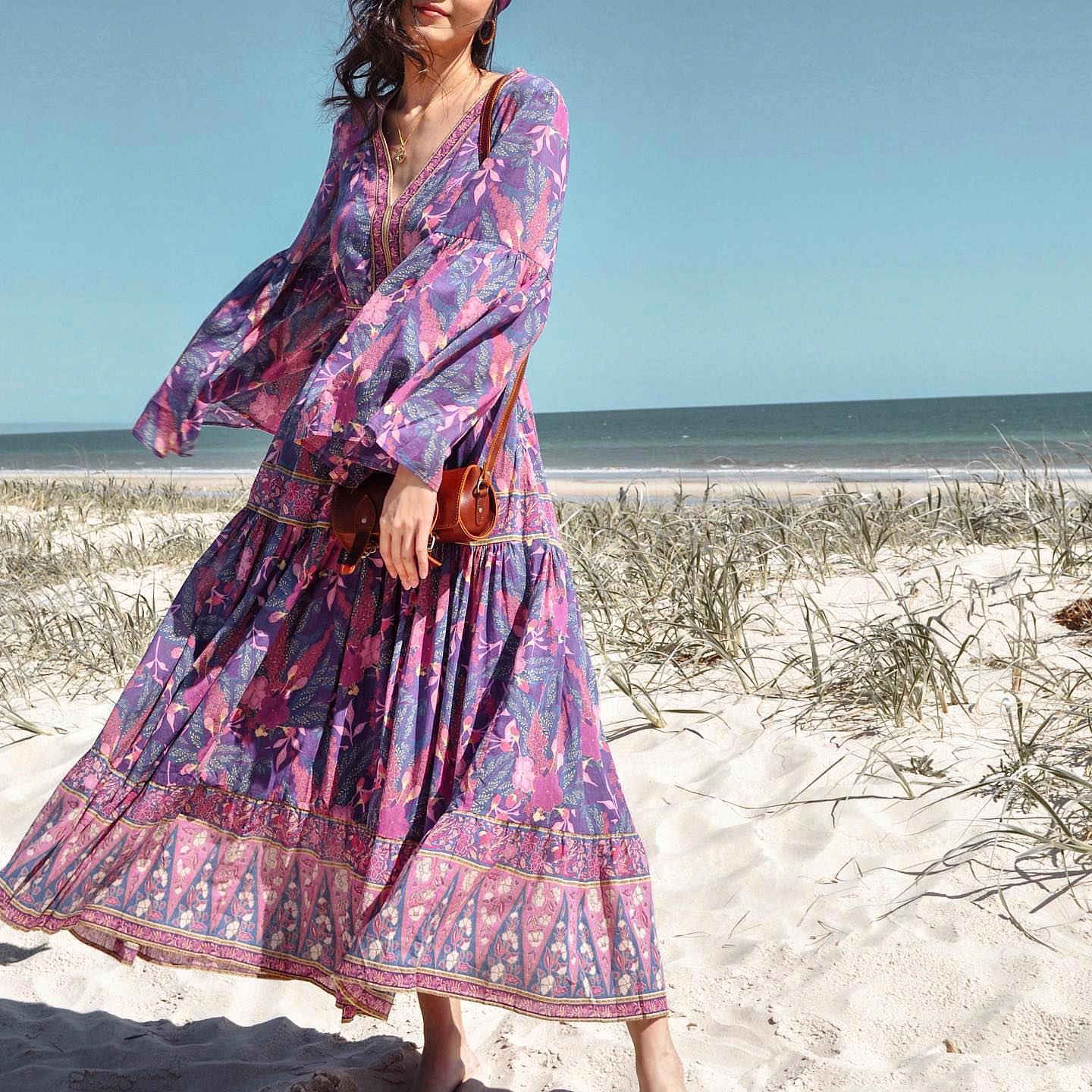 Bohemian V-Neck Flare Sleeve Pleated Maxi Dress