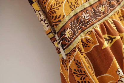 Bohemian V-Neck Flare Sleeve Pleated Maxi Dress