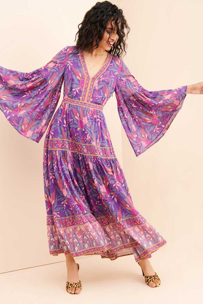 Bohemian V-Neck Flare Sleeve Pleated Maxi Dress