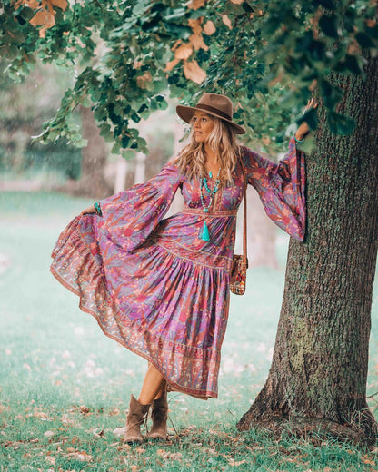 Bohemian V-Neck Flare Sleeve Pleated Maxi Dress