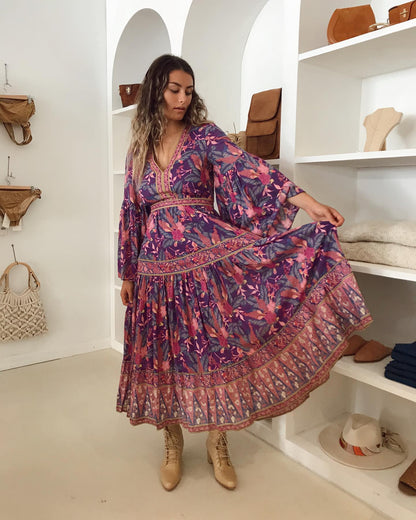 Bohemian V-Neck Flare Sleeve Pleated Maxi Dress