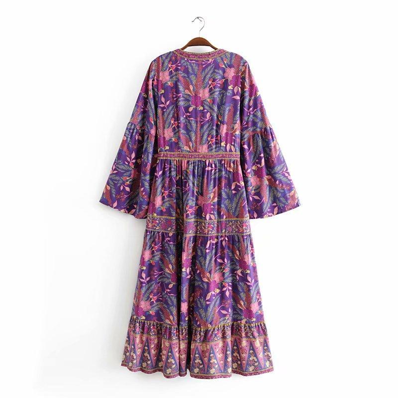 Bohemian V-Neck Flare Sleeve Pleated Maxi Dress