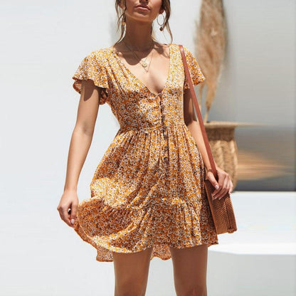 Boho Floral Button Yellow-White Sundress