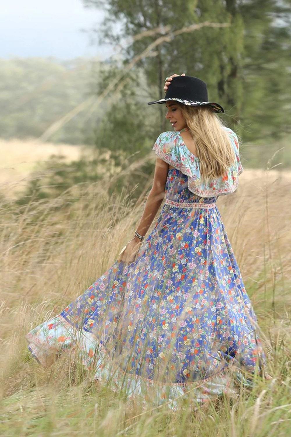 Boho Vintage Ruffle Slash Neck Summer Dress