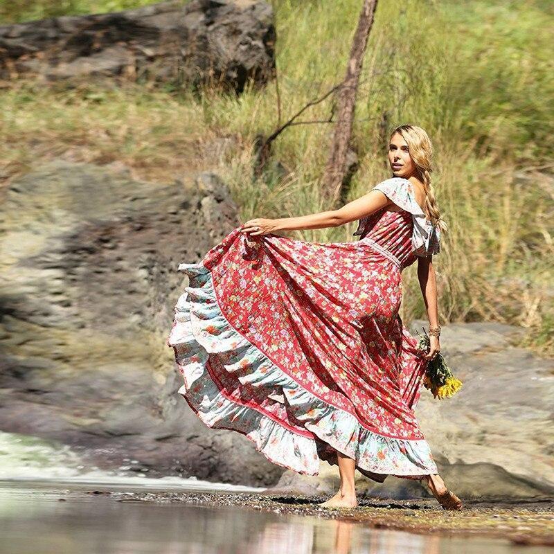 Boho Vintage Ruffle Slash Neck Summer Dress