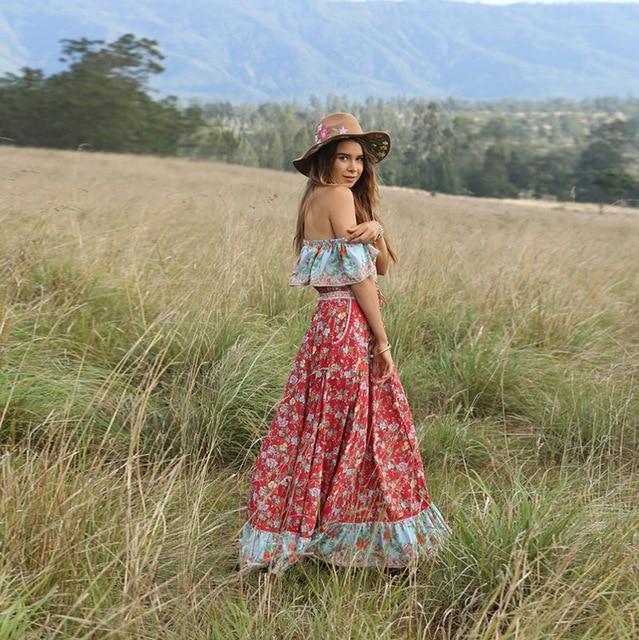 Boho Vintage Ruffle Slash Neck Summer Dress