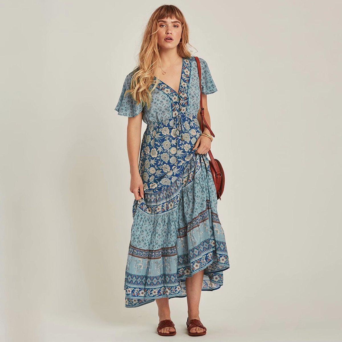 Butterfly Sleeve Button Down V-Neck Maxi Dress