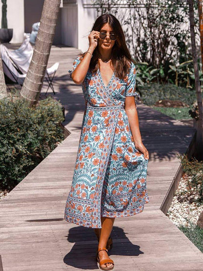 Deep V Neck Wrap Gypsy Boho Dress