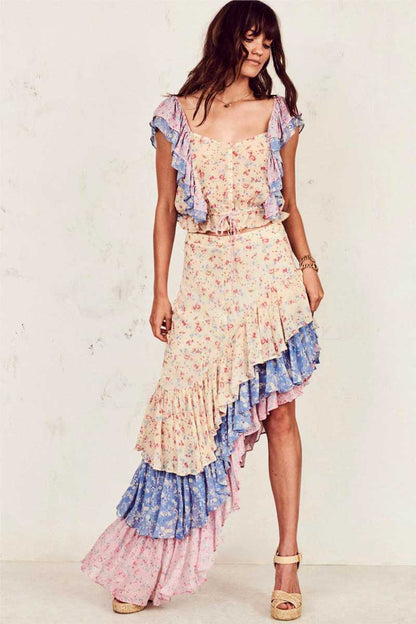 Gypsy Inspired Asymmetric Ruffled Skirt-Top Set