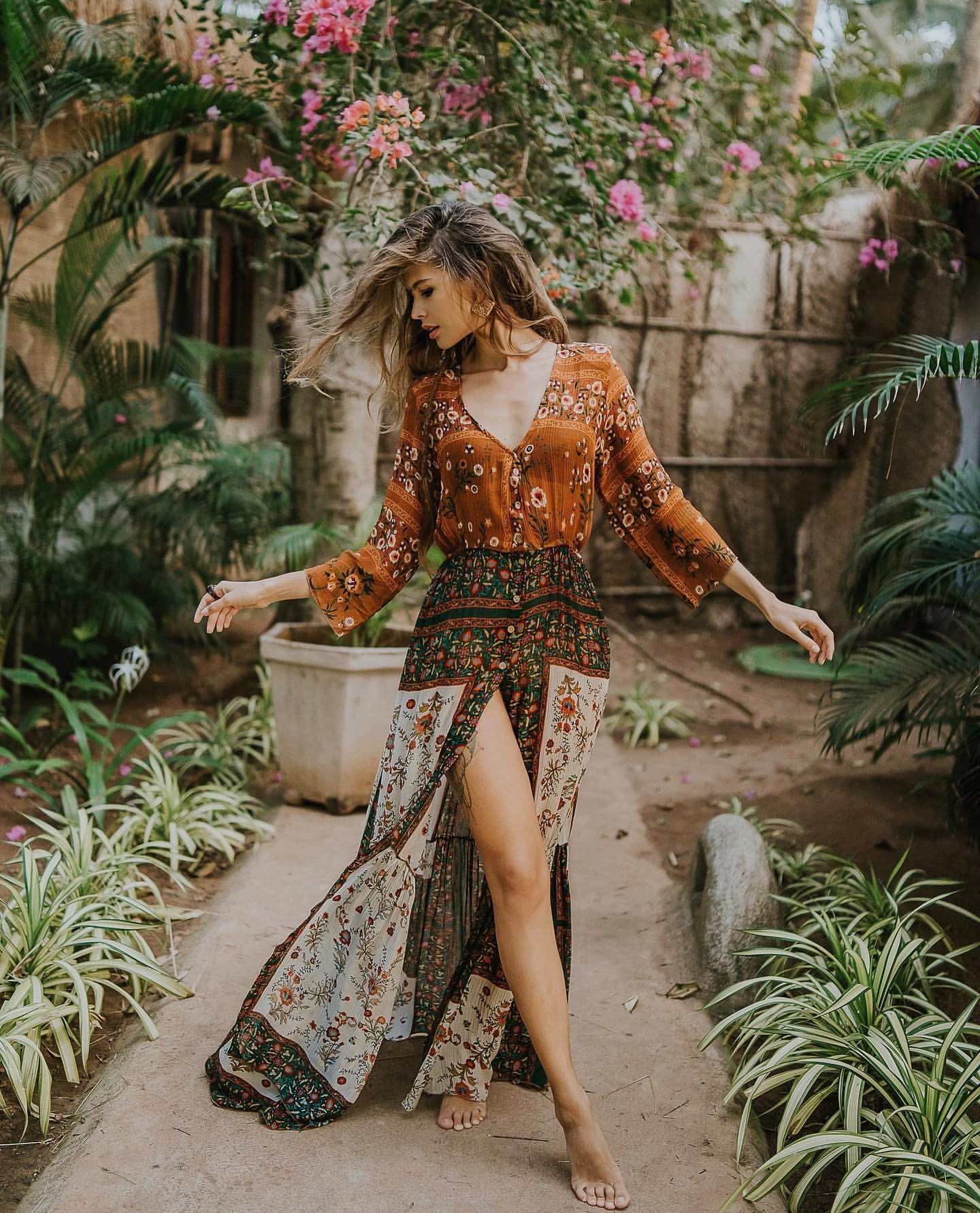 Gypsy Style Boho Deep Split Maxi Dress