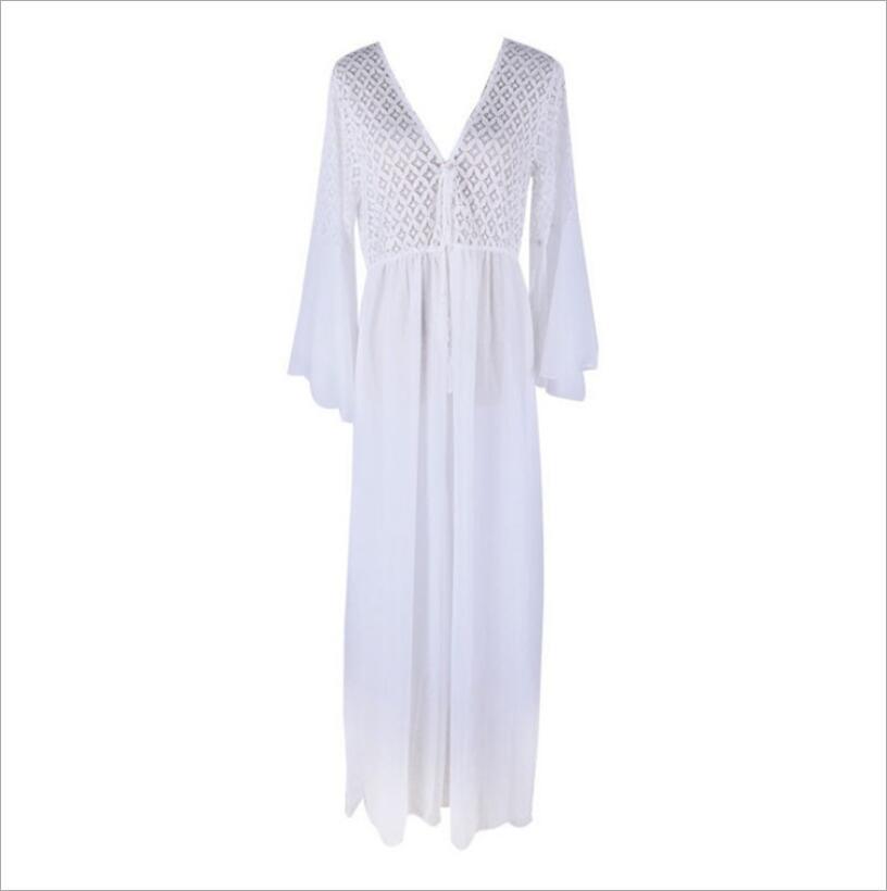 Long Flare Sleeve V-Neck White Hollow Lace Maxi Dress