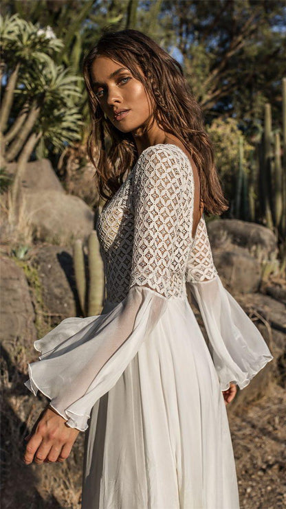 Long Flare Sleeve V-Neck White Hollow Lace Maxi Dress